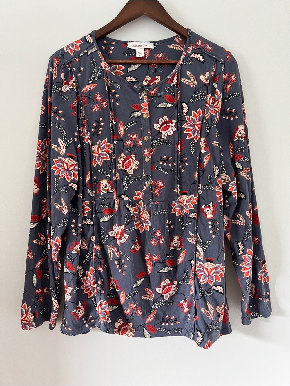 Coldwater Creek Gray Fall Floral Top Size XL Long Sleeve 100% Cotton